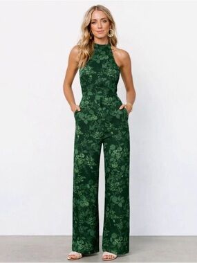 Baltic Born NWT Size Medium Emerald Coral Freya Halter Jumpsuit Wide Leg Event